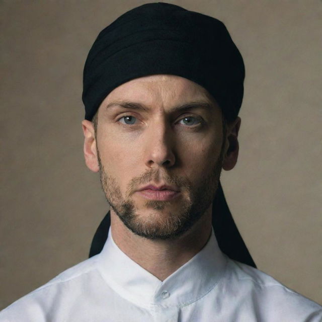 Eminem solemnly dressed in a black Shia turban, making for a high-quality, respectful portrayal.