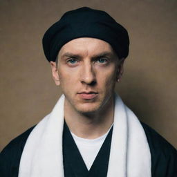 Eminem solemnly dressed in a black Shia turban, making for a high-quality, respectful portrayal.