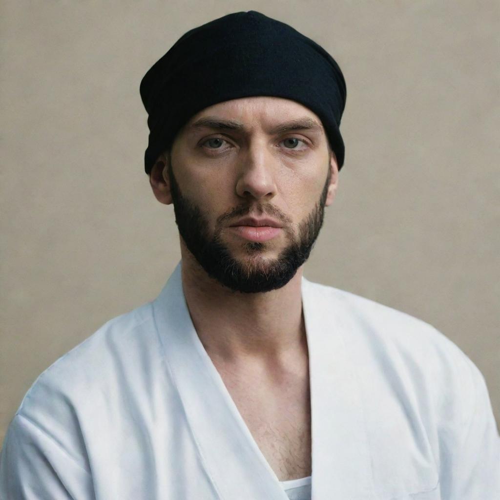 Eminem solemnly dressed in a black Shia turban, making for a high-quality, respectful portrayal.