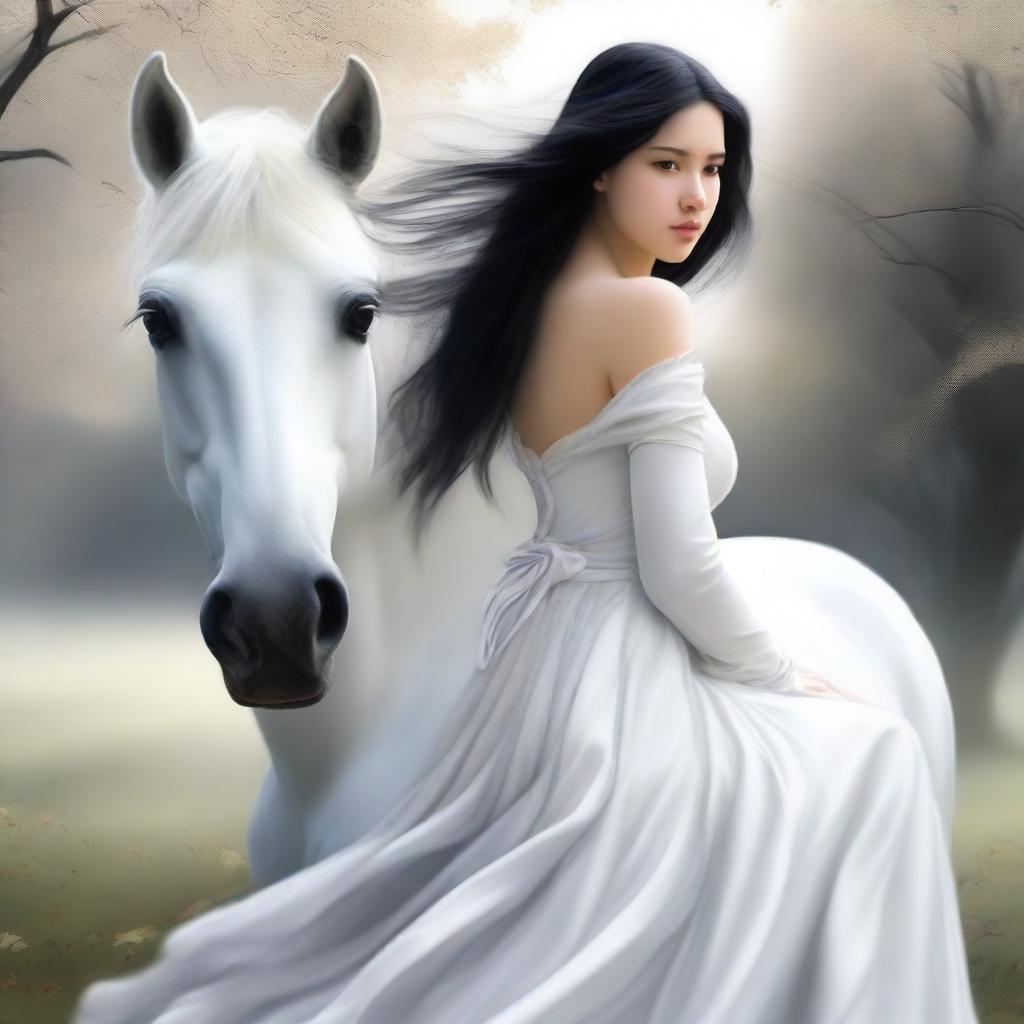 A high-quality digital art image presents a striking contrast between a pure white horse and a girl with black hair