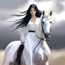 A high-quality digital art image presents a striking contrast between a pure white horse and a girl with black hair