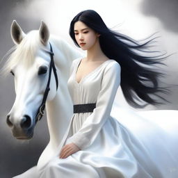 A high-quality digital art image presents a striking contrast between a pure white horse and a girl with black hair