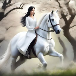 A high-quality digital art image presents a striking contrast between a pure white horse and a girl with black hair