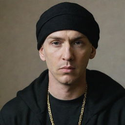 Eminem solemnly dressed in a black Shia turban, making for a high-quality, respectful portrayal.