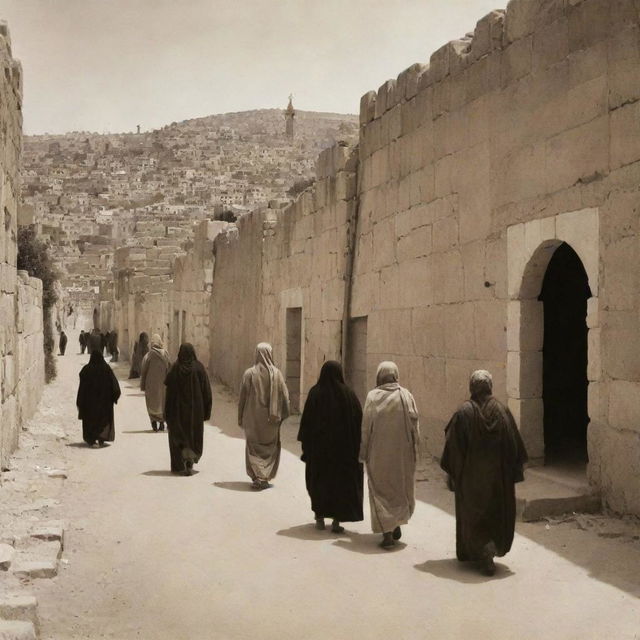 A vintage sepia-toned photograph capturing the timeless beauty of Palestine, its culture, people, and landscapes.