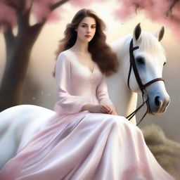 This high-quality digital art image portrays a serene scene of a brown-haired girl in a long rose dress, sitting atop a majestic white horse