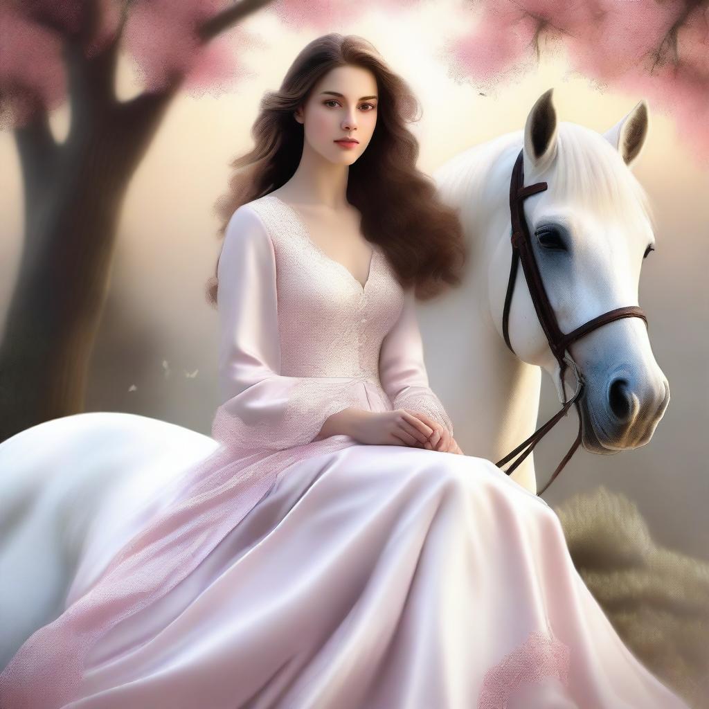 This high-quality digital art image portrays a serene scene of a brown-haired girl in a long rose dress, sitting atop a majestic white horse