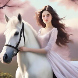This high-quality digital art image portrays a serene scene of a brown-haired girl in a long rose dress, sitting atop a majestic white horse