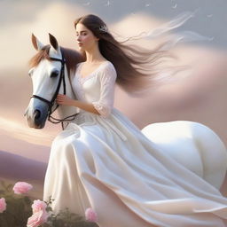 This high-quality digital art image portrays a serene scene of a brown-haired girl in a long rose dress, sitting atop a majestic white horse