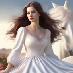This high-quality digital art image portrays a serene scene of a brown-haired girl in a long rose dress, sitting atop a majestic white horse