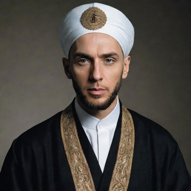 Eminem depicted as a devout Shia Mullah, in traditional clerical dress and turban.