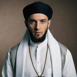 Eminem depicted as a devout Shia Mullah, in traditional clerical dress and turban.