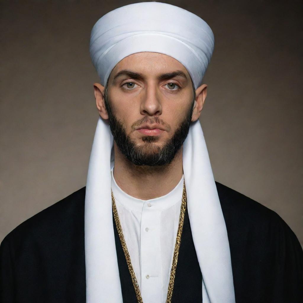 Eminem depicted as a devout Shia Mullah, in traditional clerical dress and turban.