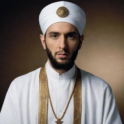 Eminem depicted as a devout Shia Mullah, in traditional clerical dress and turban.