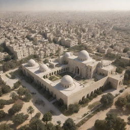 A futuristic portrayal of Palestine featuring advanced technology harmoniously integrated within its historic architecture and lush landscapes.