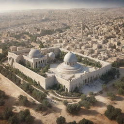 A futuristic portrayal of Palestine featuring advanced technology harmoniously integrated within its historic architecture and lush landscapes.