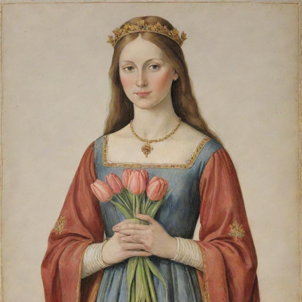 An early medieval princess, finely dressed, tenderly holding a bouquet of fresh tulips