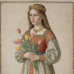 An early medieval princess, finely dressed, tenderly holding a bouquet of fresh tulips