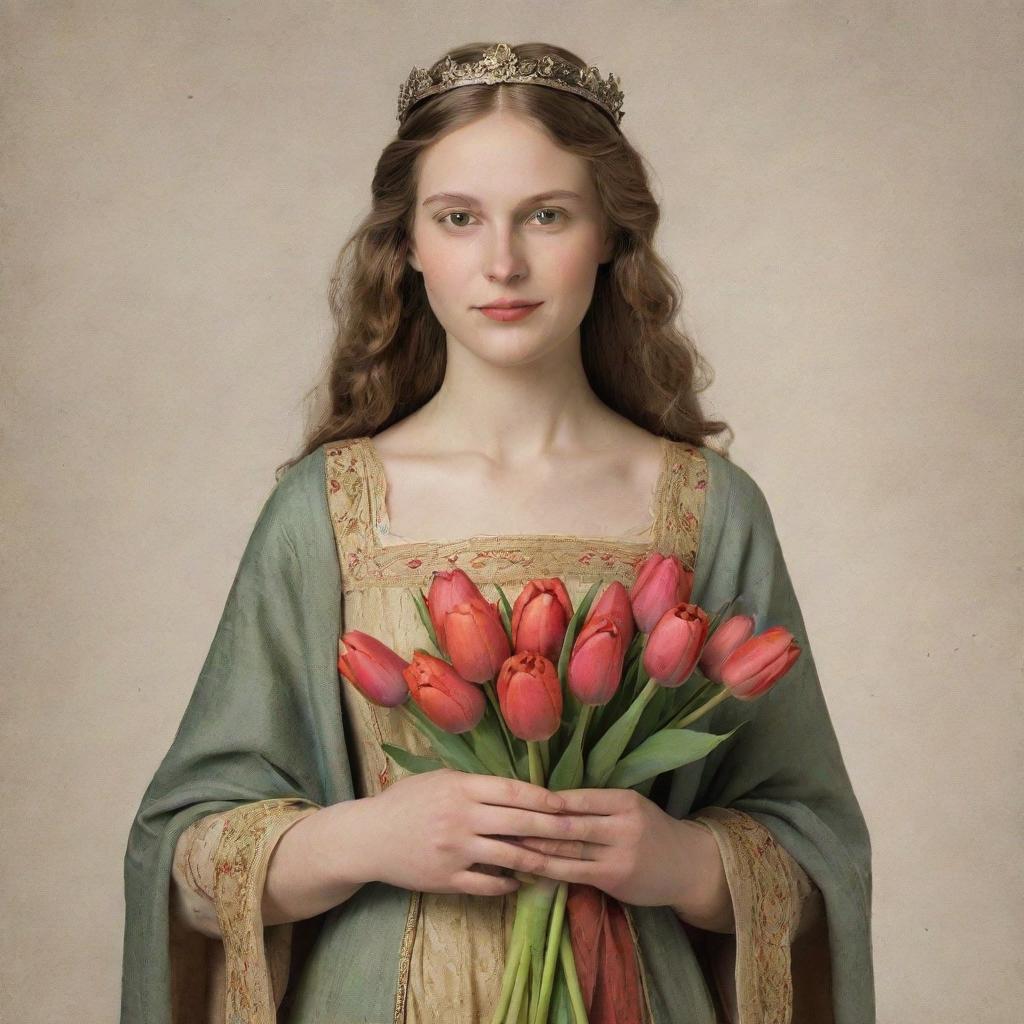 An early medieval princess, finely dressed, tenderly holding a bouquet of fresh tulips