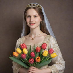 An early medieval princess, finely dressed, tenderly holding a bouquet of fresh tulips