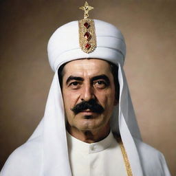 An image of Joseph Stalin as an Arabian sheikh, donned in traditional attire and headgear.