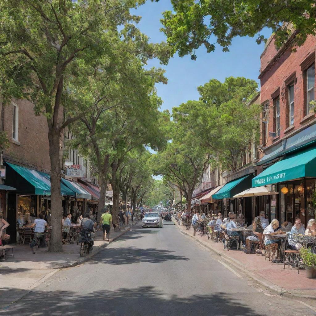 A lively city street bustling with life, cars parked by the roadside, cafes with outdoor seating, pedestrians walking by, vibrant shop fronts, and shady trees lining the sidewalks.