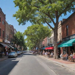 A lively city street bustling with life, cars parked by the roadside, cafes with outdoor seating, pedestrians walking by, vibrant shop fronts, and shady trees lining the sidewalks.