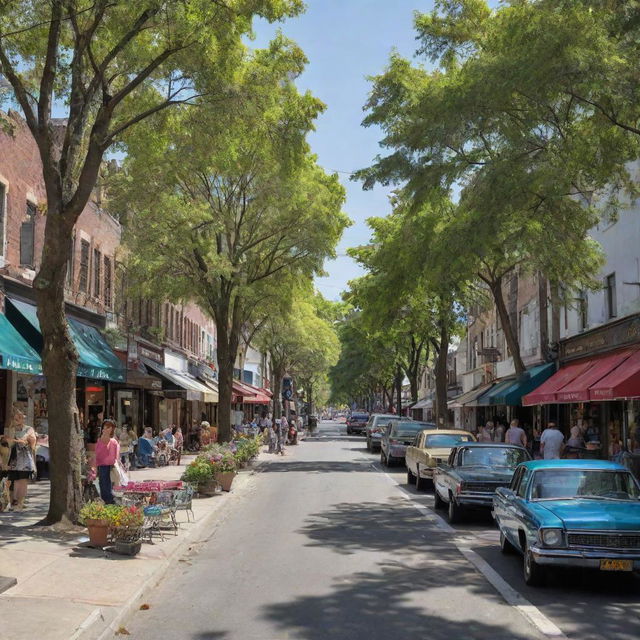 A lively city street bustling with life, cars parked by the roadside, cafes with outdoor seating, pedestrians walking by, vibrant shop fronts, and shady trees lining the sidewalks.