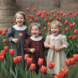 Cheerful medieval children immersed in play, surrounded by blooming tulip flowers