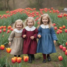 Cheerful medieval children immersed in play, surrounded by blooming tulip flowers