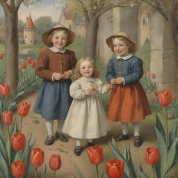 Cheerful medieval children immersed in play, surrounded by blooming tulip flowers