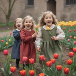 Cheerful medieval children immersed in play, surrounded by blooming tulip flowers