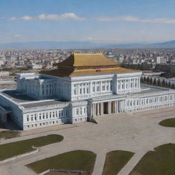 A grand Mongolian government palace intricately designed with Greek architecture influences