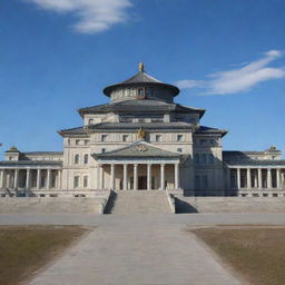 A grand Mongolian government palace intricately designed with Greek architecture influences