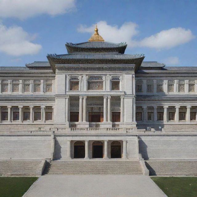 A grand Mongolian government palace intricately designed with Greek architecture influences