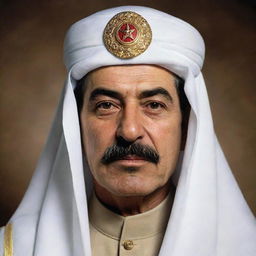 High-quality visual of Joseph Stalin portrayed as an Arab Sheikh, complete with traditional garb and headpiece.