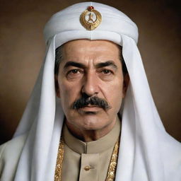 High-quality visual of Joseph Stalin portrayed as an Arab Sheikh, complete with traditional garb and headpiece.