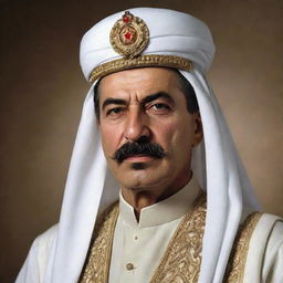 High-quality visual of Joseph Stalin portrayed as an Arab Sheikh, complete with traditional garb and headpiece.