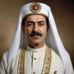 High-quality visual of Joseph Stalin portrayed as an Arab Sheikh, complete with traditional garb and headpiece.