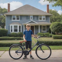 Realistic image of a boy standing with his bicycle in front of a traditional suburban house.