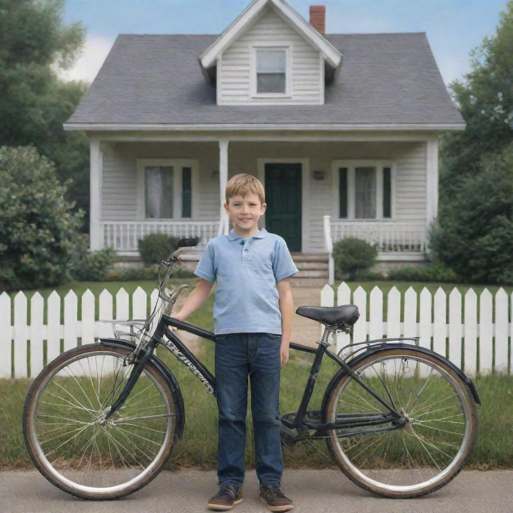 Realistic image of a boy standing with his bicycle in front of a traditional suburban house.