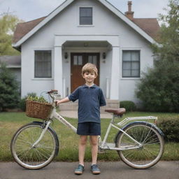 Realistic image of a boy standing with his bicycle in front of a traditional suburban house.