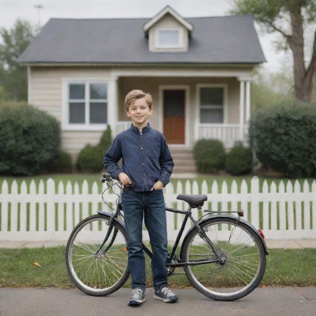 Realistic image of a boy standing with his bicycle in front of a traditional suburban house.