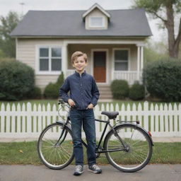 Realistic image of a boy standing with his bicycle in front of a traditional suburban house.