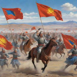 Illustration of Mongolian warriors celebrating their victory against Chinese soldiers, with Mongolian flags waving in a vast landscape