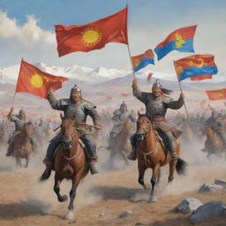 Illustration of Mongolian warriors celebrating their victory against Chinese soldiers, with Mongolian flags waving in a vast landscape