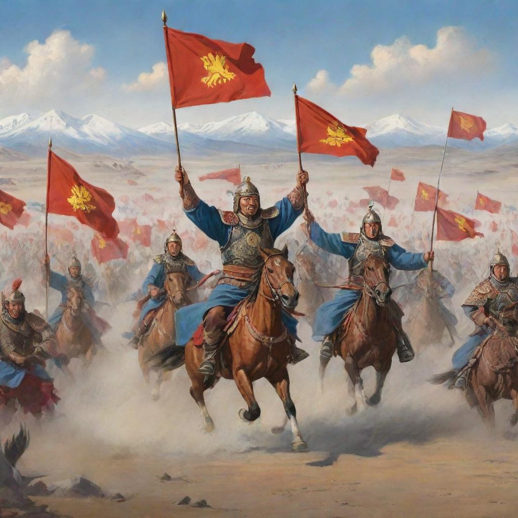 Illustration of Mongolian warriors celebrating their victory against Chinese soldiers, with Mongolian flags waving in a vast landscape