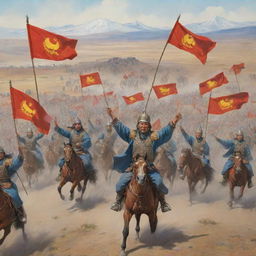 Illustration of Mongolian warriors celebrating their victory against Chinese soldiers, with Mongolian flags waving in a vast landscape