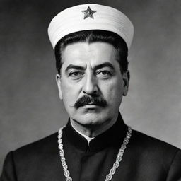 A high-quality, black and white image of Joseph Stalin depicted as a respected Imam, adorned in traditional clerical attire.