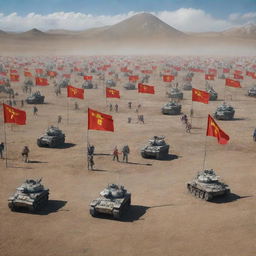 Futuristic scenario featuring Mongolia celebrating victory against China in a fictional World War 3, displaying flags, armaments, and futuristic technology